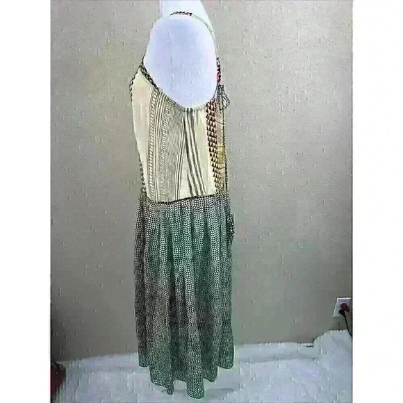 VOLANTIS  G.V. MAJIL Hand Painted 100% Silk Tan Aztec Zigzag Boho dress one size - Picture 5 of 10